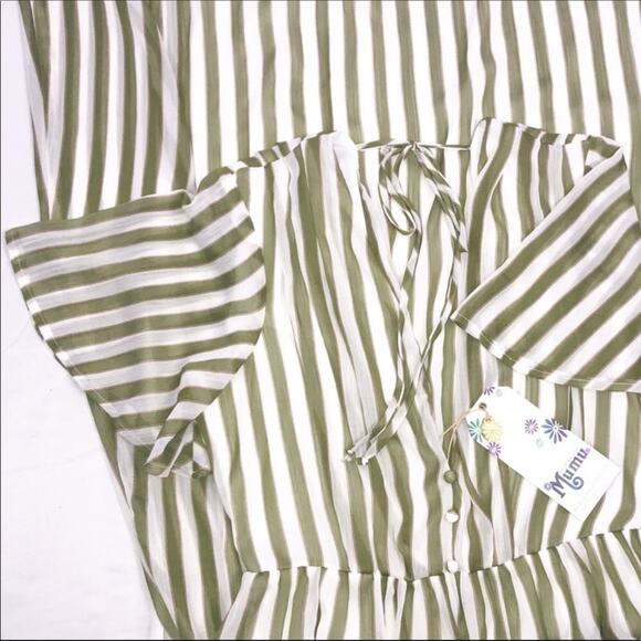 SMY MuMu Cream Olive Green Stripes V-Neck Short Sleeves Midi Dress SzM NWT - Picture 15 of 16